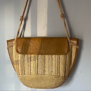 Woven Straw Shoulder Bag with Tan Leather Flap